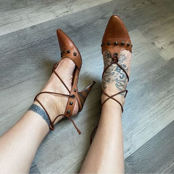 Georgina Goodman Heels Brown Leather Ankle Lace Up Studded Designer - Picture 1 of 11